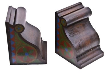 original pair of c. 1926 dunham building penthouse hand-painted oak wood corbels