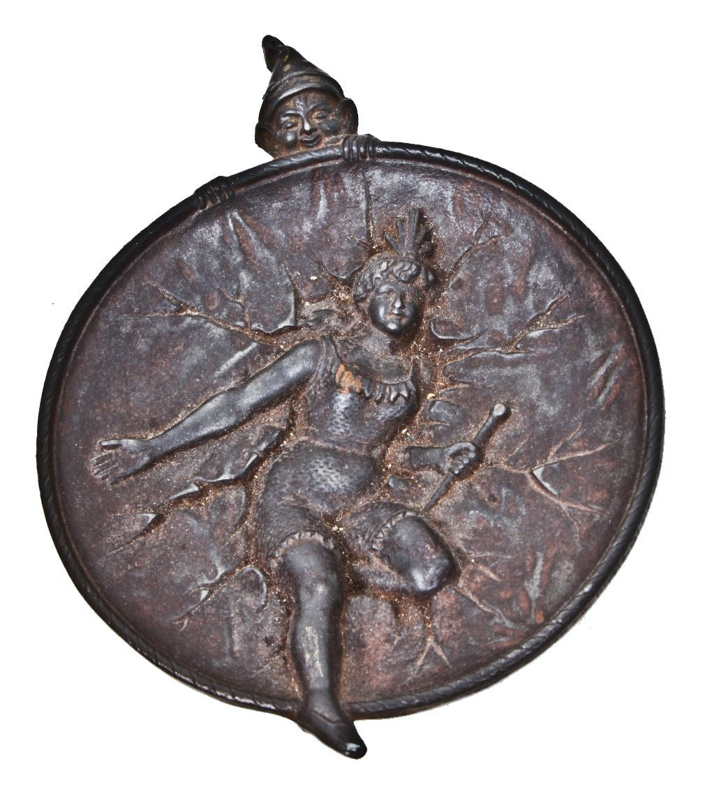 unique antique american early twentieth century circular-shaped ornamental cast iron figural calling card tray with high relief figural design.