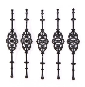 original and remarkably intact complete set of five matching c. 1880's antique salvaged milwaukee vintage ornamental cast iron exterior fence balusters