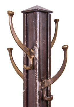 original c. 1930's american vintage industrial freestanding tubular steel factory office coat rack with intact cast brass double hooks