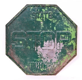 original and intact unique vintage c. 1930's die cut embossed octagonal state highway single sided stop sign