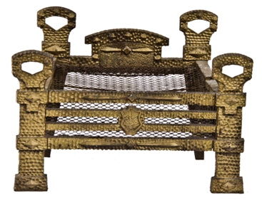 original old metallic gold paint finish salvaged chicago spanish revival style ornamental cast iron fireplace grate