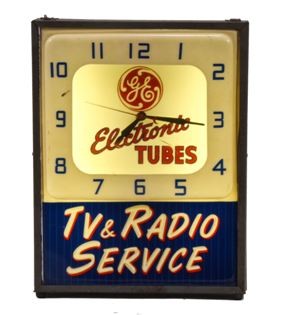 all original and fully functional c. 1940's american industrial commercial window illuminated "tv and radio" repair service "can" sign with working clock