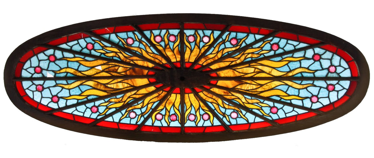 stunning museum quality 19th century american victorian chicago mansion elongated oval-shaped stained glass skylight with faceted jewels