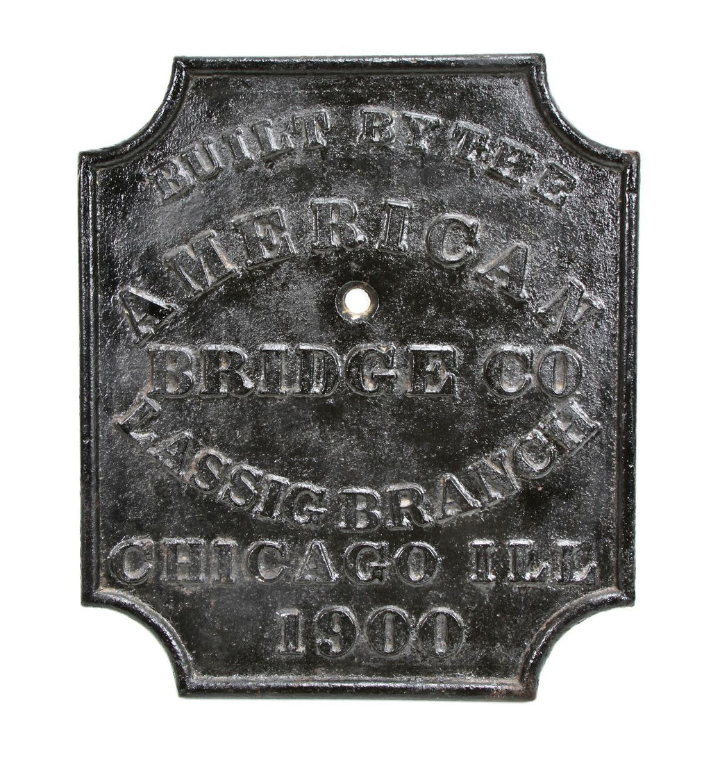 highly sought after oversized antique american industrial original black enameled "lassig plant" american bridge company cast iron plaque dated 1900