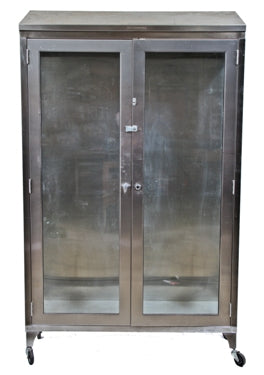 exceptional vintage medical slanted top two door operating room supply cabinet with glass sidelights