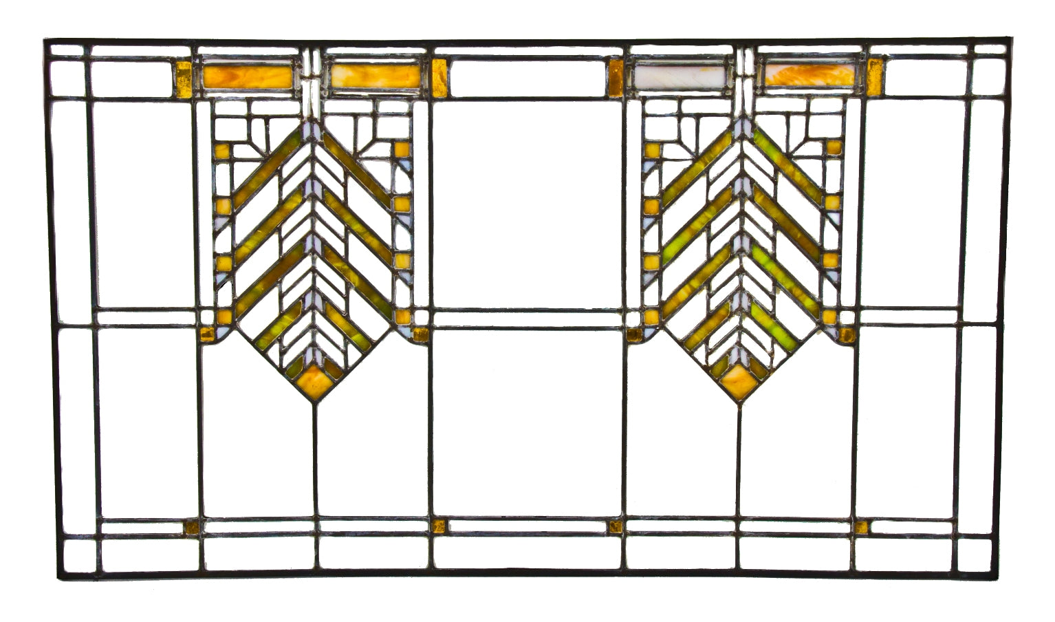 original museum quality documented american early 20th century joseph j. walser leaded art glass window with chevron design motifs