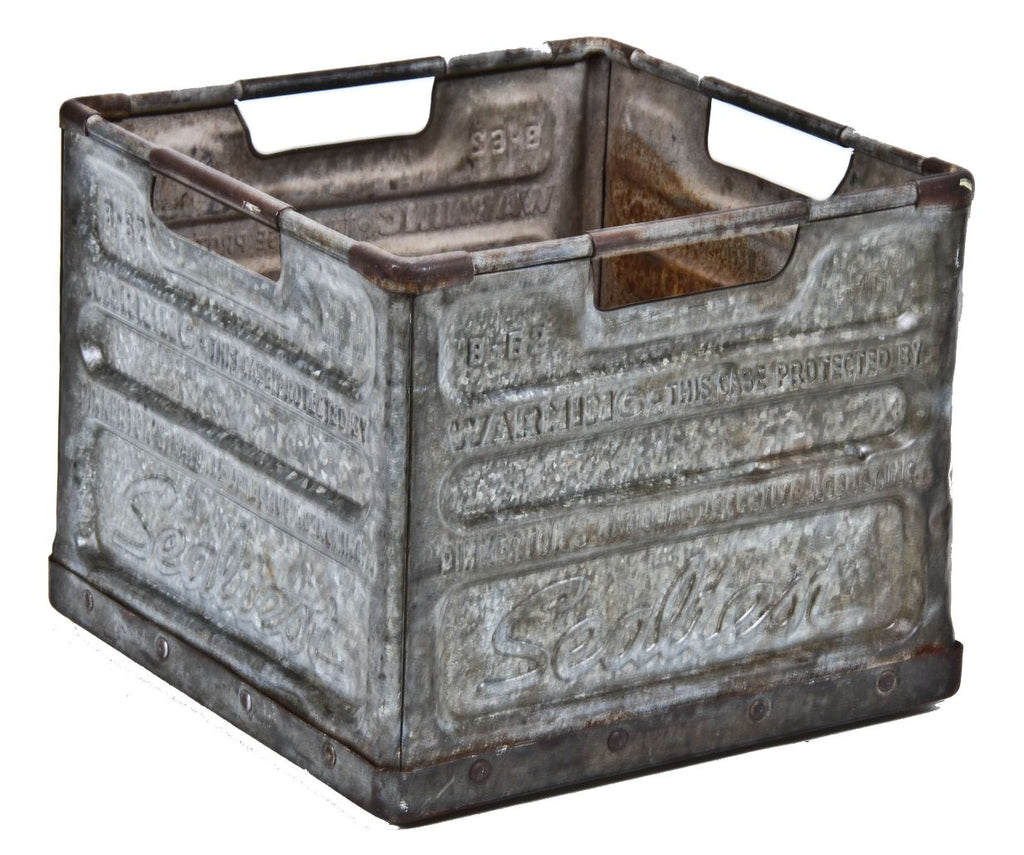depression era single antique american industrial custom-built riveted joint galvanized steel sealtest dairy portable (and stackable) milk crate