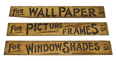 series of three original late 19th century american hand-painted pine wood interior decorating trade signs