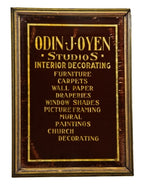 very rare c. 1920's reverse-painted glass odin j. oyen advertising display sign with original gilded frame