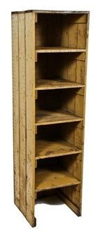 three matching all original and intact antique american industrial depression era painted pine wood factory gear cutter multi-shelf freestanding cabinets