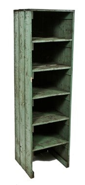 three matching all original and intact antique american industrial depression era painted pine wood factory gear cutter multi-shelf freestanding cabinets