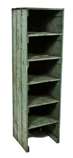 three matching all original and intact antique american industrial depression era painted pine wood factory gear cutter multi-shelf freestanding cabinets