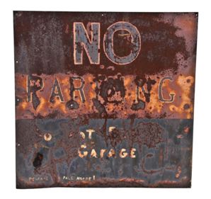 original and remarkably intact c. 1930's oversized single-sided heavy gauge steel "no parking" sign with a great surface patina