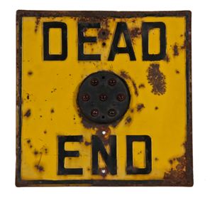 rare c. 1940'd heavy gauge die cut steel city street dead end sign with red "cat's eye" glass spheres