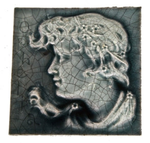 original c. 1880's victorian era slate blue majolica glazed shakespearean "ophelia" portrait tile