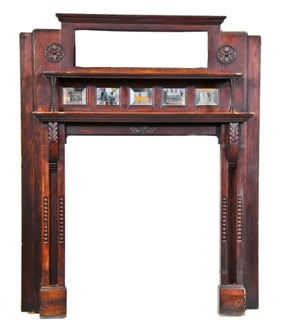 original and remarkably intact c. 1890's antique american salvaged varnished solid white oak wood residential fireplace mantel with floral rosettes