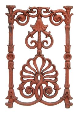 original and remarkably intact c. 1920's "new old stock" vintage american antique industrial ornamental cast iron stair baluster panel with centrally located anthemion