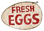 exceptional one of a kind early 20th century double-sided antique american exterior folk art haind-painted sheet iron "fresh eggs" hanging trade sign