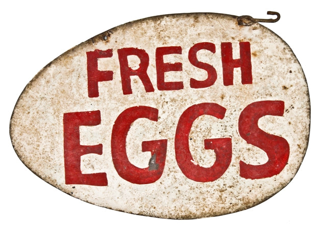 exceptional one of a kind early 20th century double-sided antique american exterior folk art haind-painted sheet iron "fresh eggs" hanging trade sign