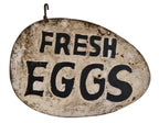 exceptional one of a kind early 20th century double-sided antique american exterior folk art haind-painted sheet iron "fresh eggs" hanging trade sign