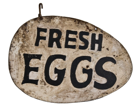 exceptional one of a kind early 20th century double-sided antique american exterior folk art haind-painted sheet iron "fresh eggs" hanging trade sign