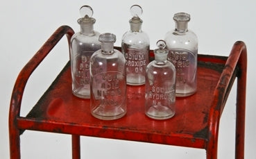 five early 20th century embossed letter scientific laboratory chemistry reagent corning glass bottles