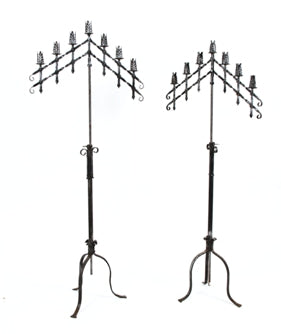 original early 20th century freestanding ornamental wrought iron church building candelabras