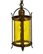 one of two nearly identical c. 1920's salvaged chicago interior residential amber crackle glass pendant light fixture with riveted joint shade fitter
