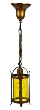 early 20th century antique american craftsman or mission style single electric residential pendant light with original amber crackle glass cylindrical-shaped shade