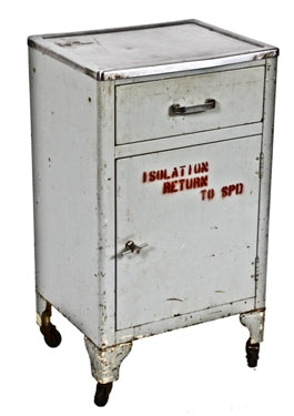 late 1930's vintage medical mobile instrument storage cabinet with stainless steel top