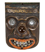 rare c. 1928 historically impotant polychrome enameled fisher theater cast iron seat end mayan revival "indian mask" with jeweled eyes and nose
