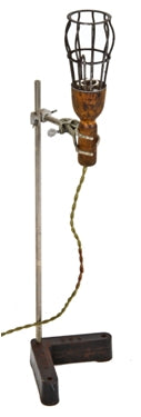 very unique repurposed vintage industrial "trouble light" table lamp with fisher laboratory retort stand