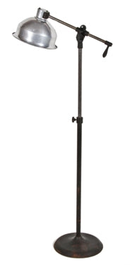 original and remarkably intact c. 1920's freestanding vintage american antique salvaged  medical adjustable floor lamp with large polished metal reflector