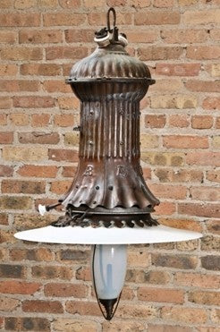 exceptionally hard to find and all original nicely aged "a-b" interior antique american industrial early 20th century hanging copper art lamp designed by thomas e. adams