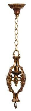 early 20th century original and intact polychromed ornamental cast brass interior residential salvaged chicago pendant light fixture with original canopy and finial