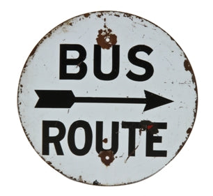 original and remarkably intact c. 1940's single-sided antique american salvaged chicago city street "bus route" sign with directional arrow