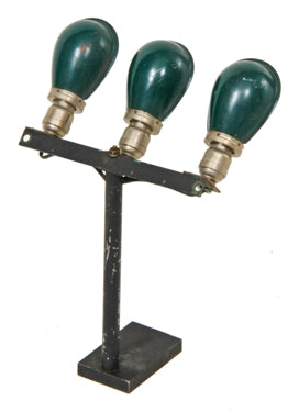unusual c. 1920's vintage industrial three light machinist table lamp with "slim helmet" shades