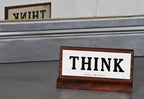 vintage c. 1940's double-sided varnished walnut wood "think" office desk plaque