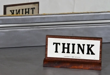 vintage c. 1940's double-sided varnished walnut wood "think" office desk plaque