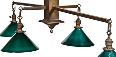 rare early 20th century mission style billiard hall ceiling fixture with cased green glass shades