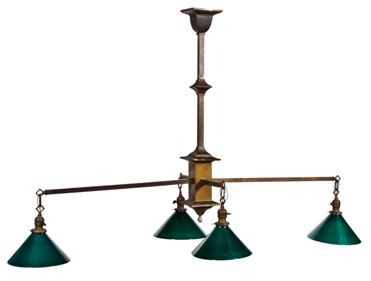 rare early 20th century mission style billiard hall ceiling fixture with cased green glass shades
