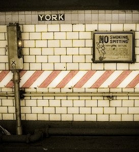 original and remarkably intact early 20th century american new york city subway station "no smoking" informational cobalt blue porcelain enameled sign