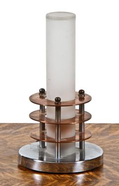 c. 1930's intact american art deco machine age table lamp with copper "speed rings"