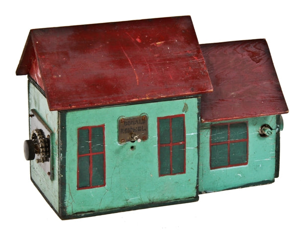 very unusual depression era  hand-crafted american folk art hand-painted diminutive a-frame house model containing old experimental electrical devices