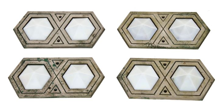 one of three matching original and historically important c. 1929 art deco style nickel-plated bronze interior palmolive building elevator lobby indicator plaques with faceted glass insets