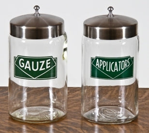 two unique c. 1940's art deco style "profex" examination room jars with stainless steel tops