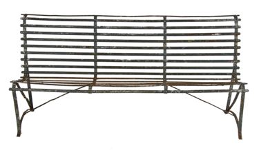 original and intact late 19th century wrought iron antique american city park bench with distressed paint