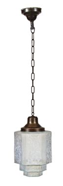 remarkably impressive three tier c. 1930's machine age skyscraper style art deco commercial pendant light