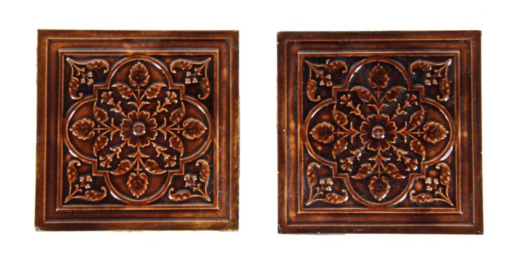 matching set of c. 1890's victorian era auburn majolica glazed interior residential fireplace tiles